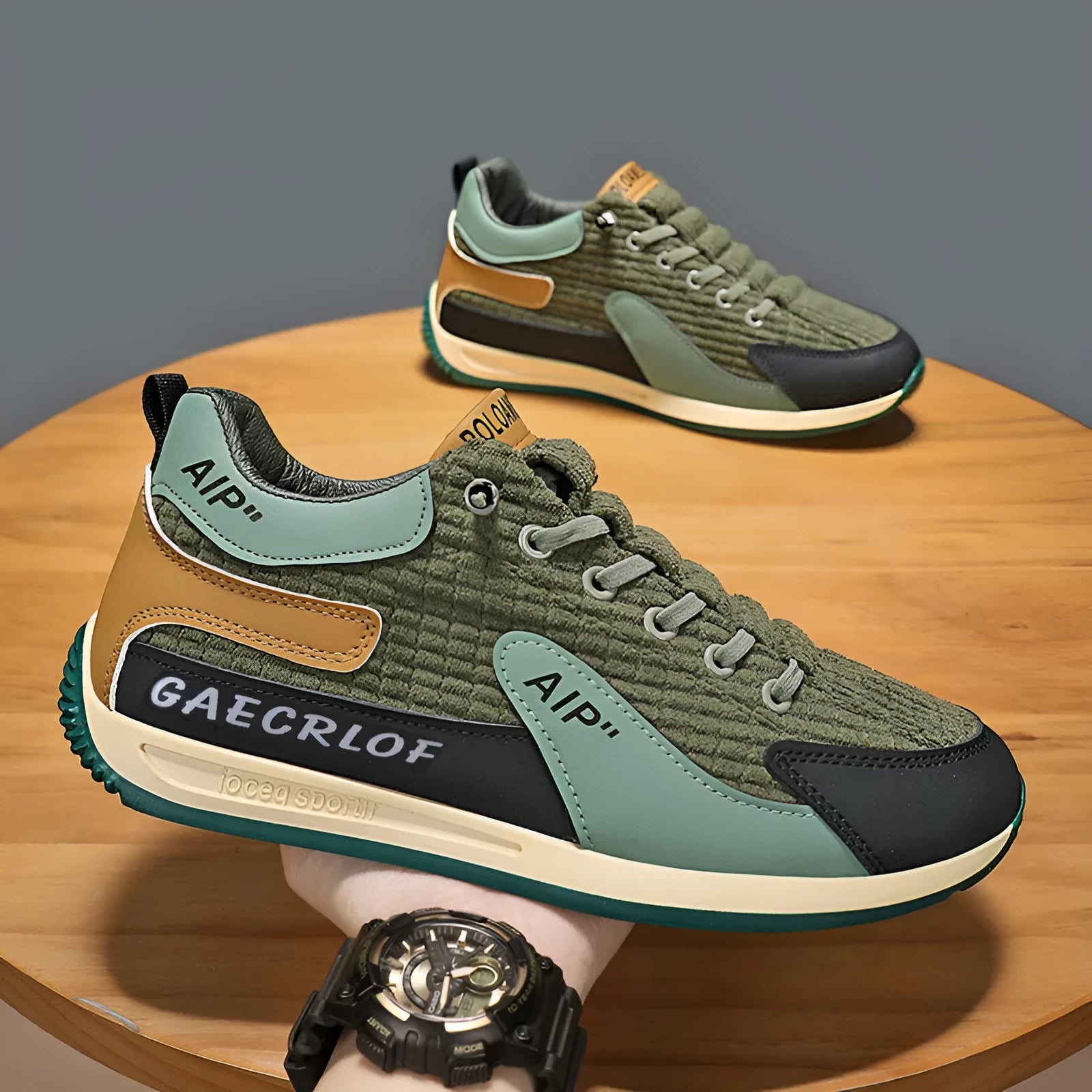 Men's grey and green mesh running shoes with round toe and lace-up front
