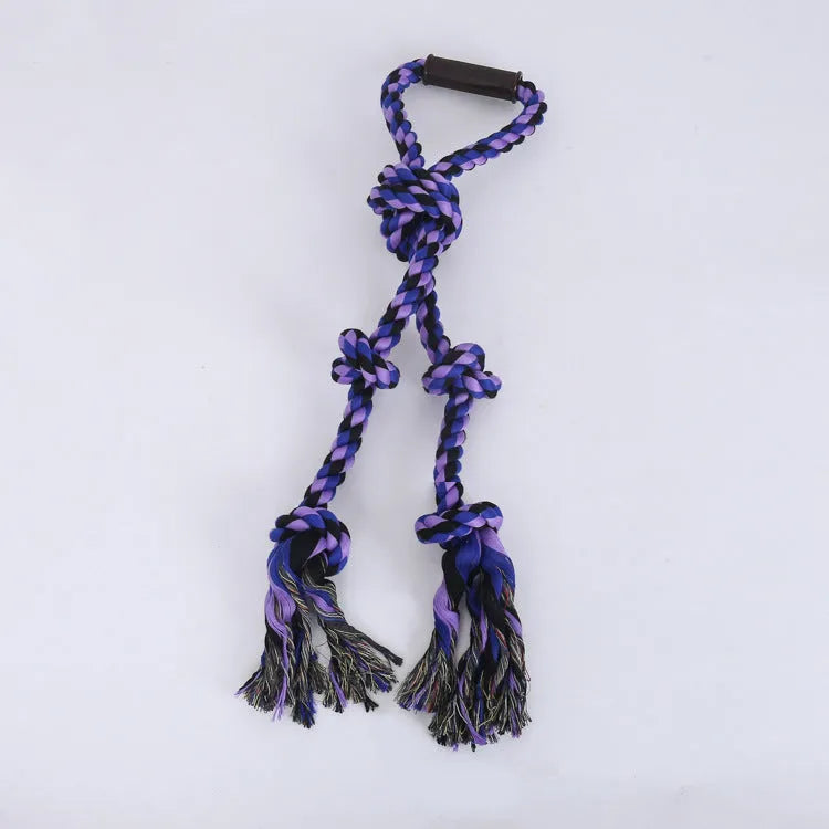 Blue and yellow cotton rope dog toy with ergonomic handle for large breed aggressive chewers