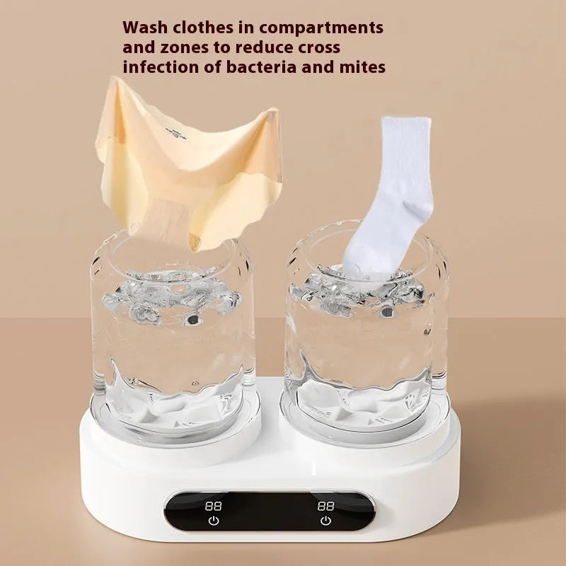 White double bucket mini washing machine with USB power connection for portable small garment laundry