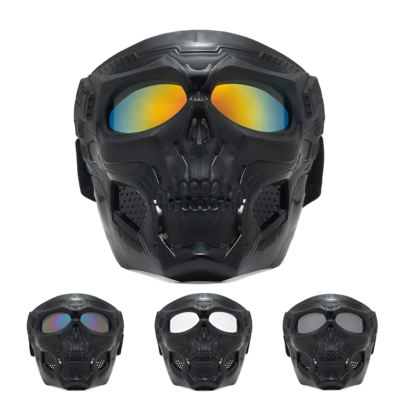Skull riding mirror windproof goggles unisex full frame with interchangeable lens and headband in black