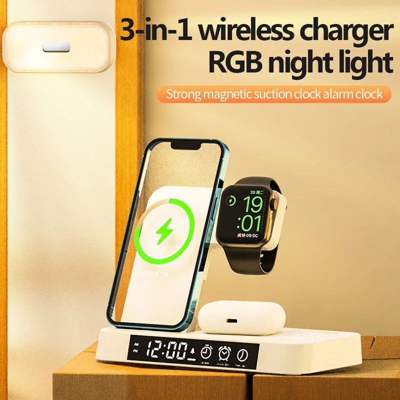 Foldable 4-in-1 wireless charging station with alarm clock display and RGB night light