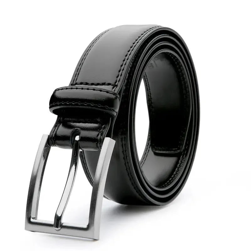 Men's brown leather belt with 95 grain texture and metal alloy buckle shown at 120cm length