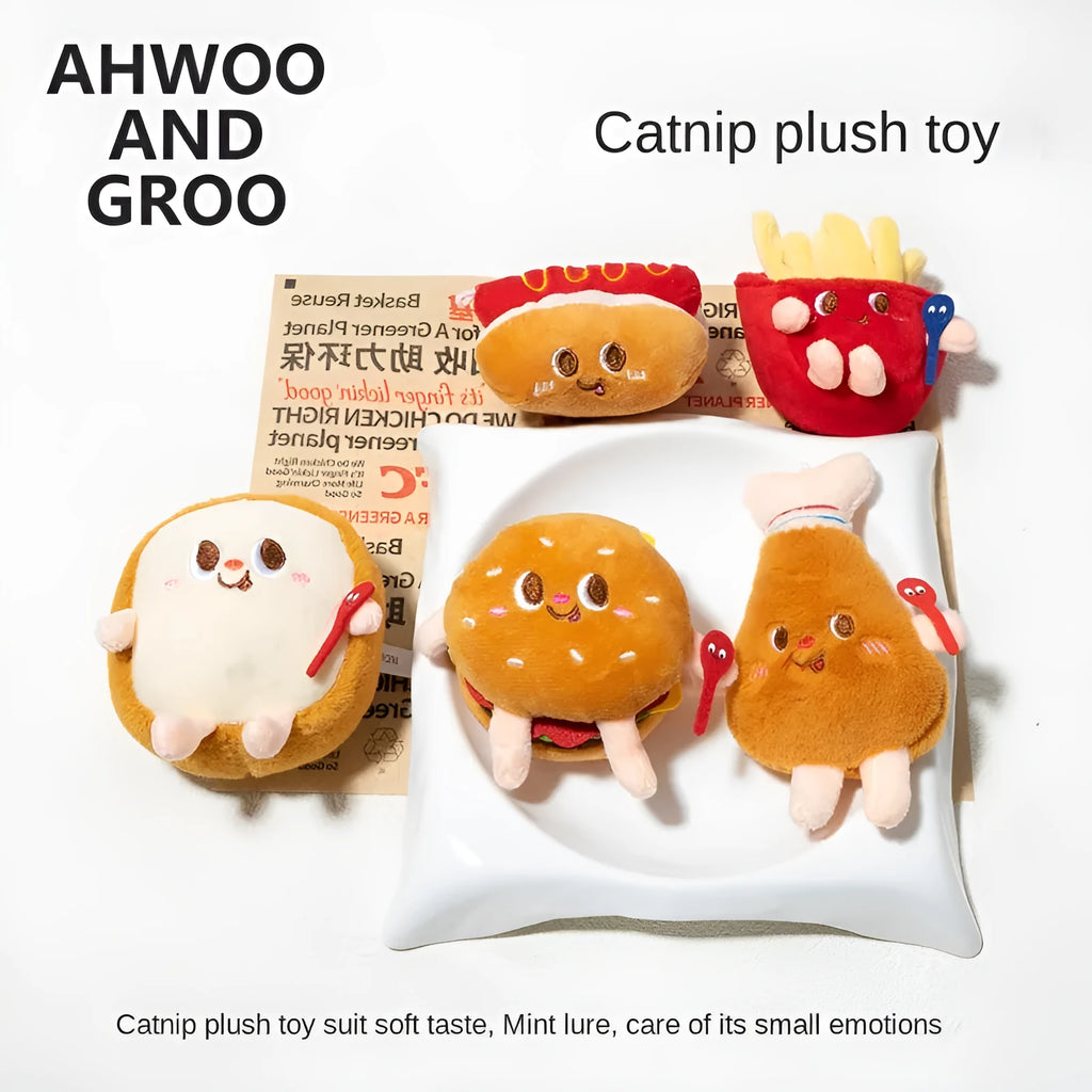 Set of five plush cat chew toys shaped like a hamburger, chicken leg, fries, bread, and hot dog.