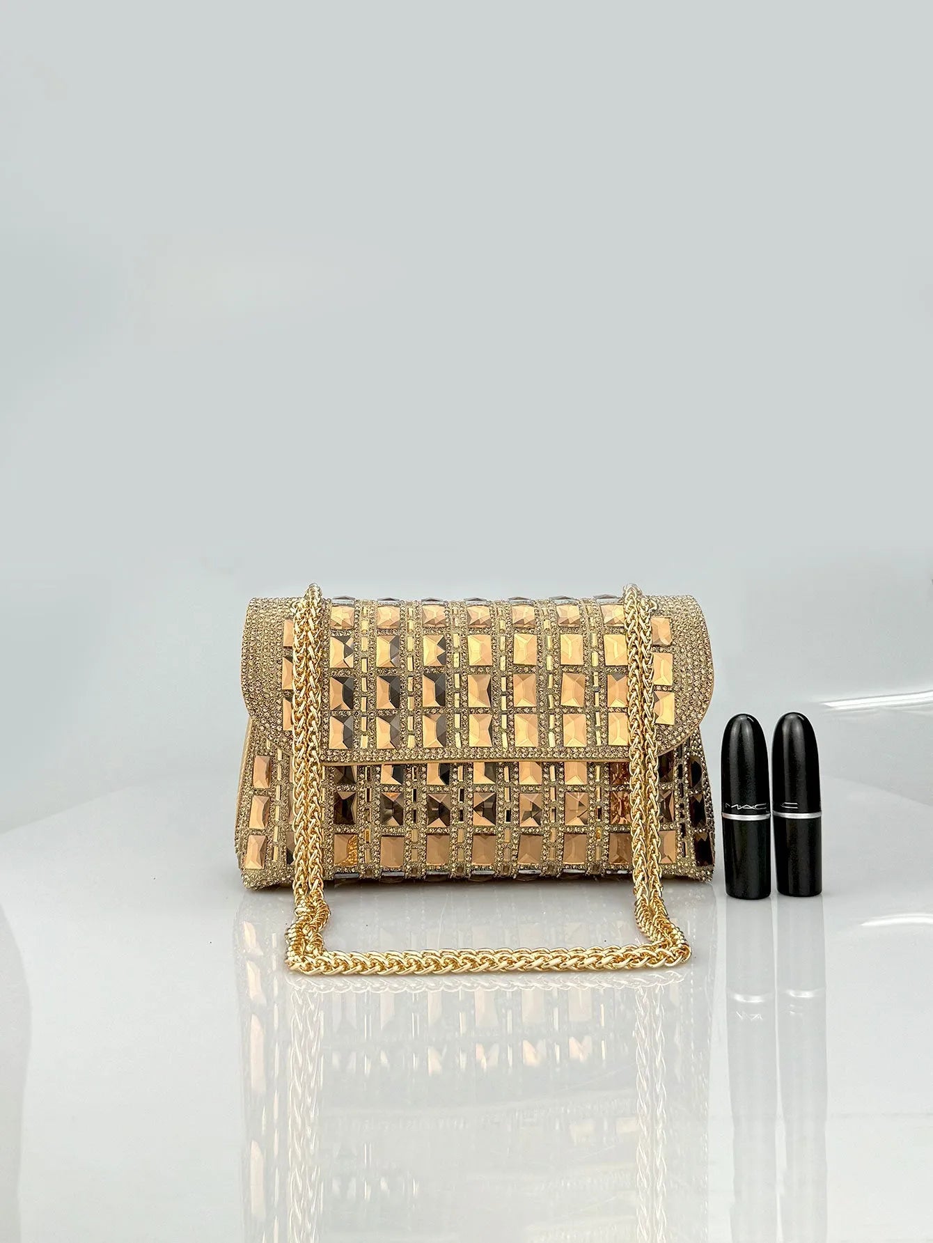 Shiny glass rhinestone chain clutch in horizontal square PU shape with black colour and open pocket