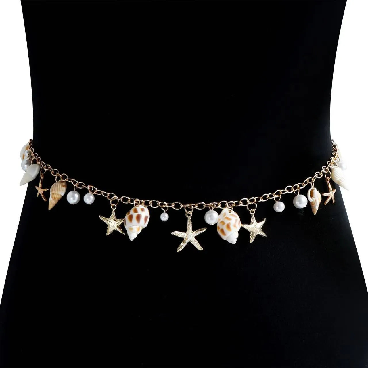 Women's alloy waist chain and matching bracelet set with star and shell design on a white background.