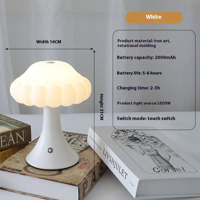 Mushroom-shaped touch control night lamp in wood grain colour on a wooden table.