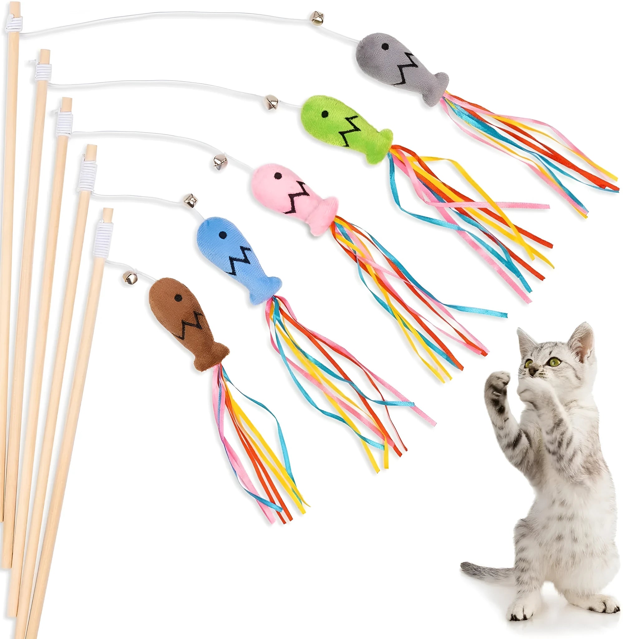 Wooden cat wand toy with colourful ribbons, catnip fish and bell attachment for interactive indoor play
