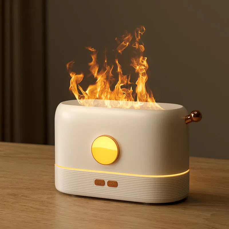 Black USB desktop humidifier with simulation flame light effect and water vapour mist.