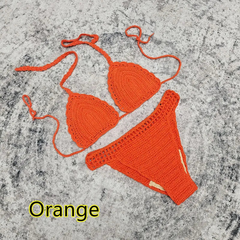3-piece crochet bikini swimsuit set with matching beach skirt in solid colour