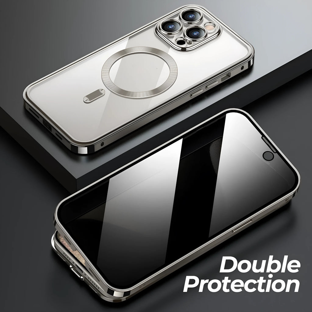 Magnetic snap closure silicone phone case for iPhone, dual-sided lens, anti-peeping screen, gold colour