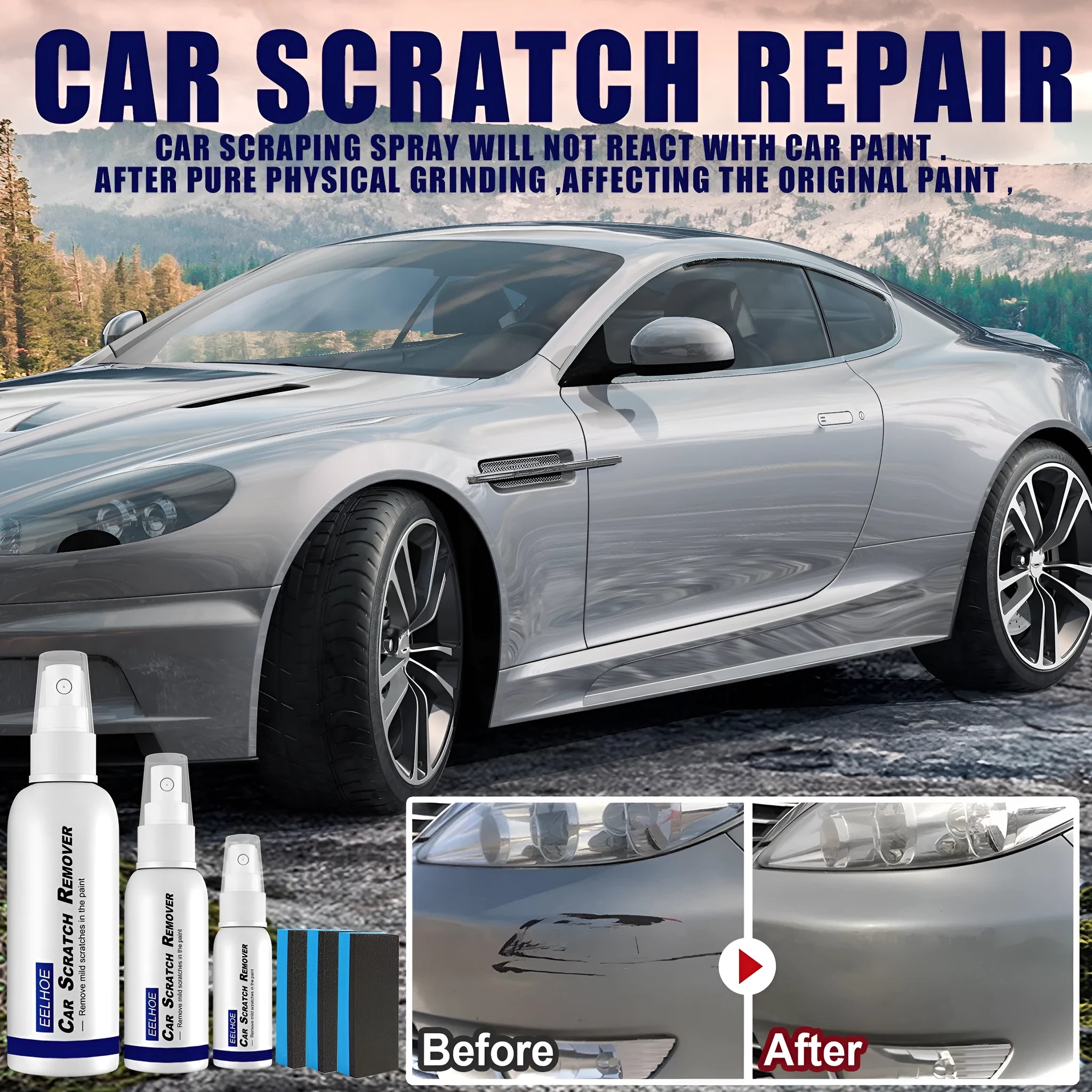 Car scratch repair spray can in various sizes: 30ml, 50ml, and 100ml.