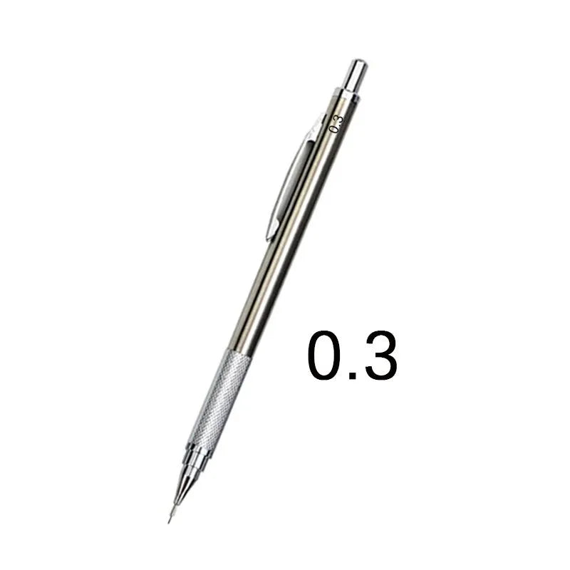 Metal automatic mechanical pencil with various lead specifications displayed