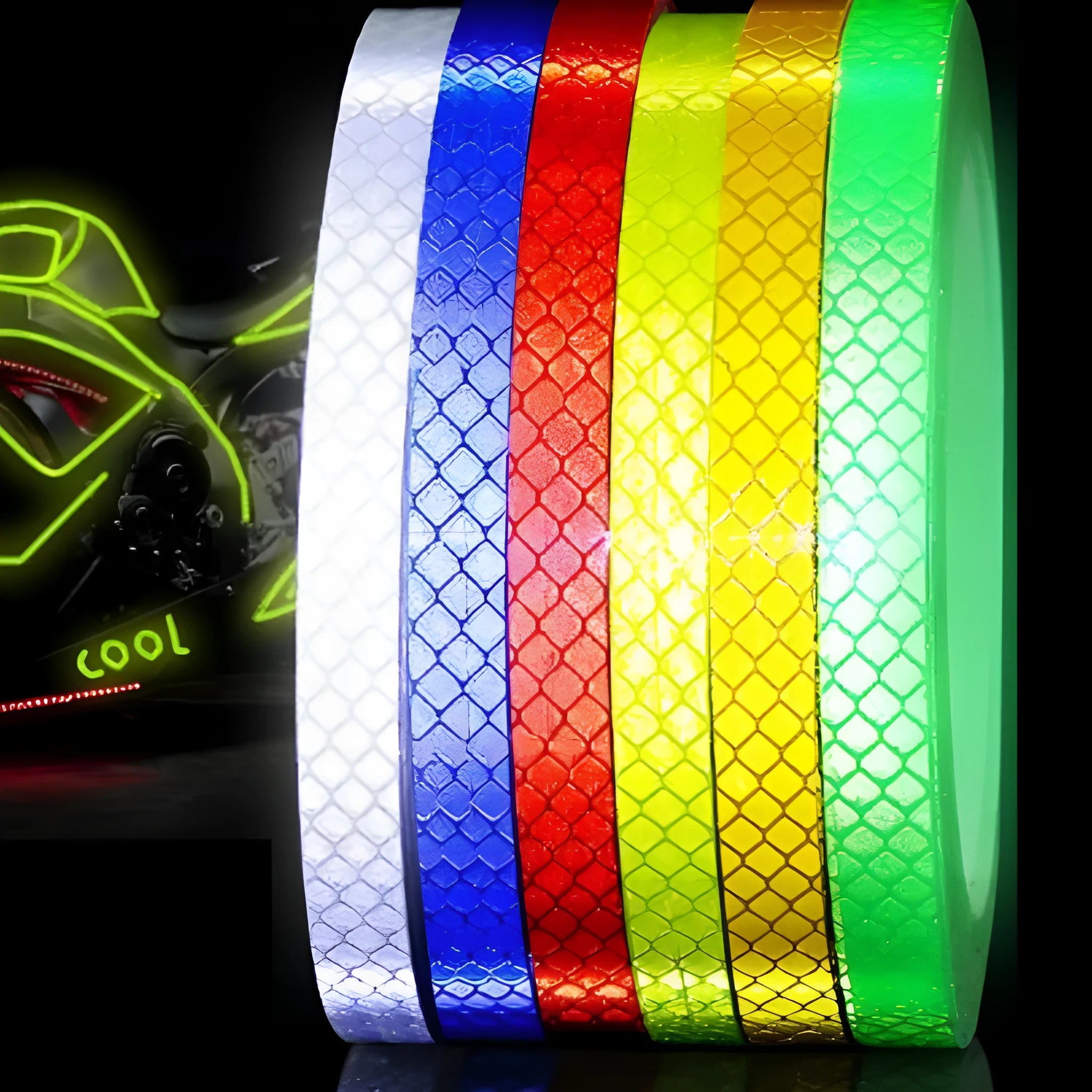 Close-up of solid colour reflective stripe roll with crystal lattice pattern, 10mm width, 8m length, in grass green colour.