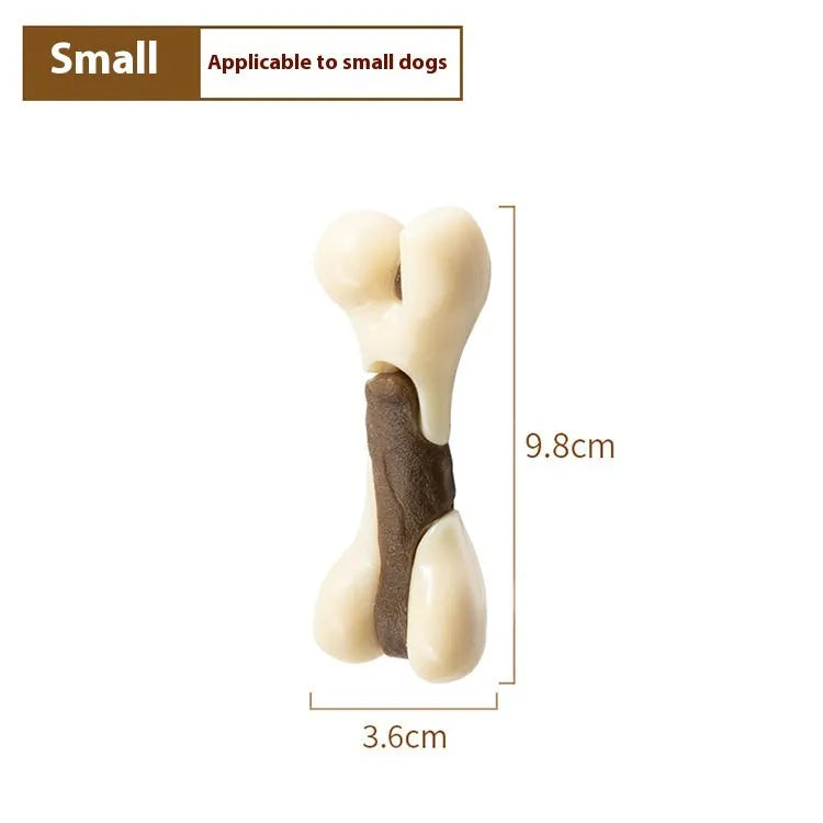 Cowhide and nylon bone-shaped grinding rod chew toy for dogs in two sizes.