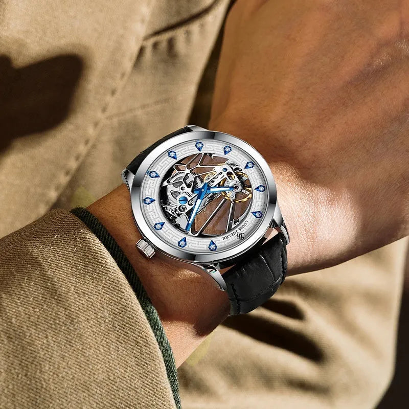 Men's silver case mechanical watch with black leather strap and luminous hands