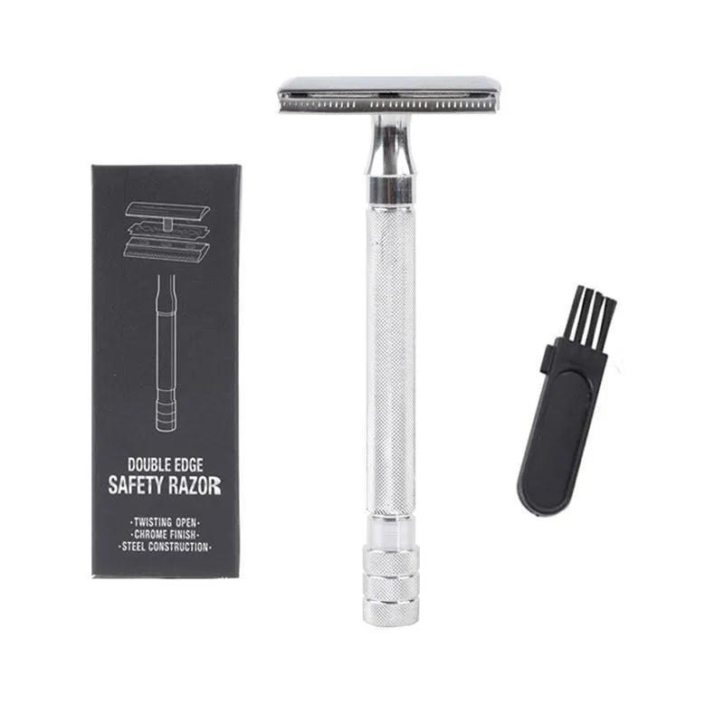 Traditional manual shaving razor with metal scraper and brush in black or silver finish
