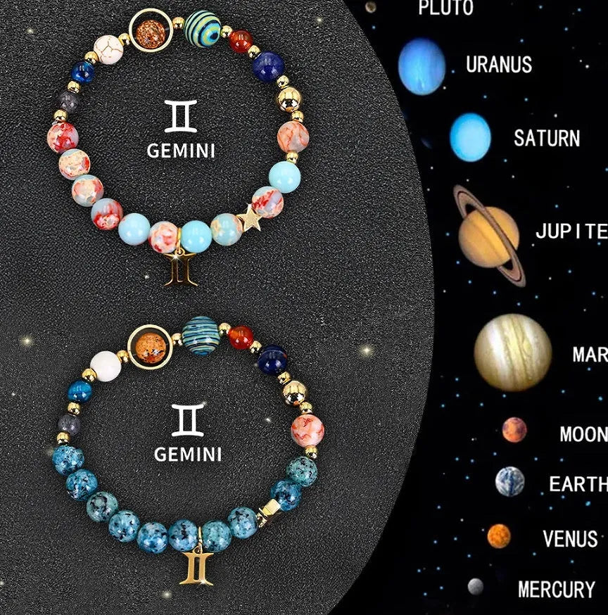 Two natural stone beaded bracelets with adjustable cords, presented as a zodiac sign bracelet set.