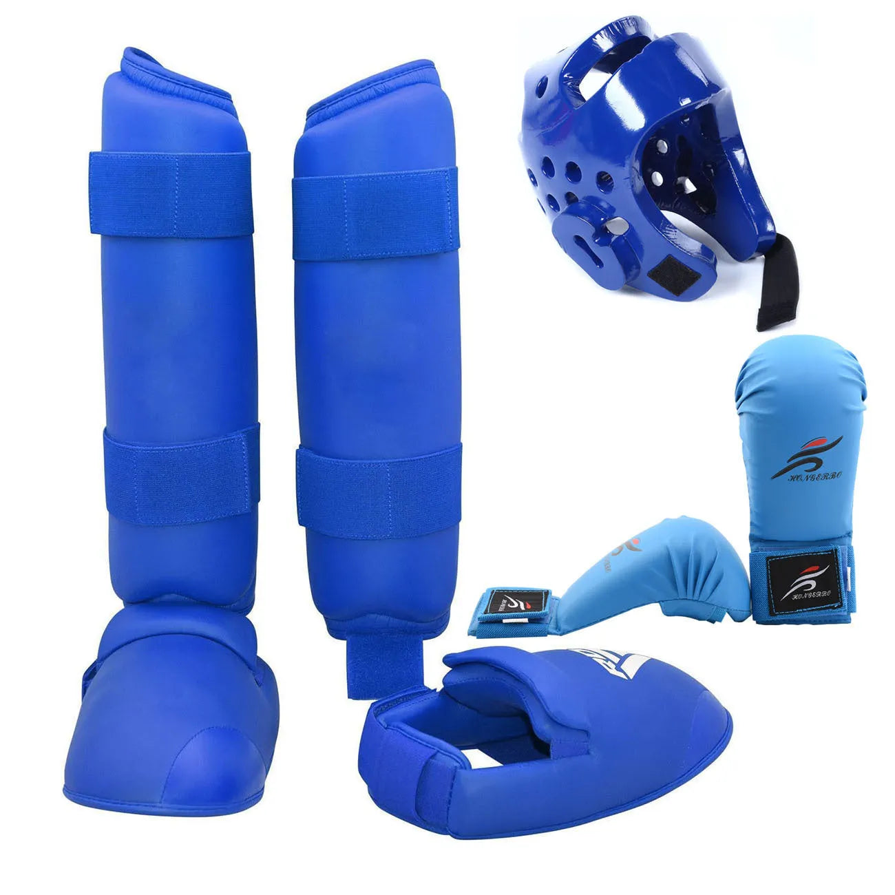 Karate protective gear set with red boxing gloves, leg guards and helmet for martial arts training