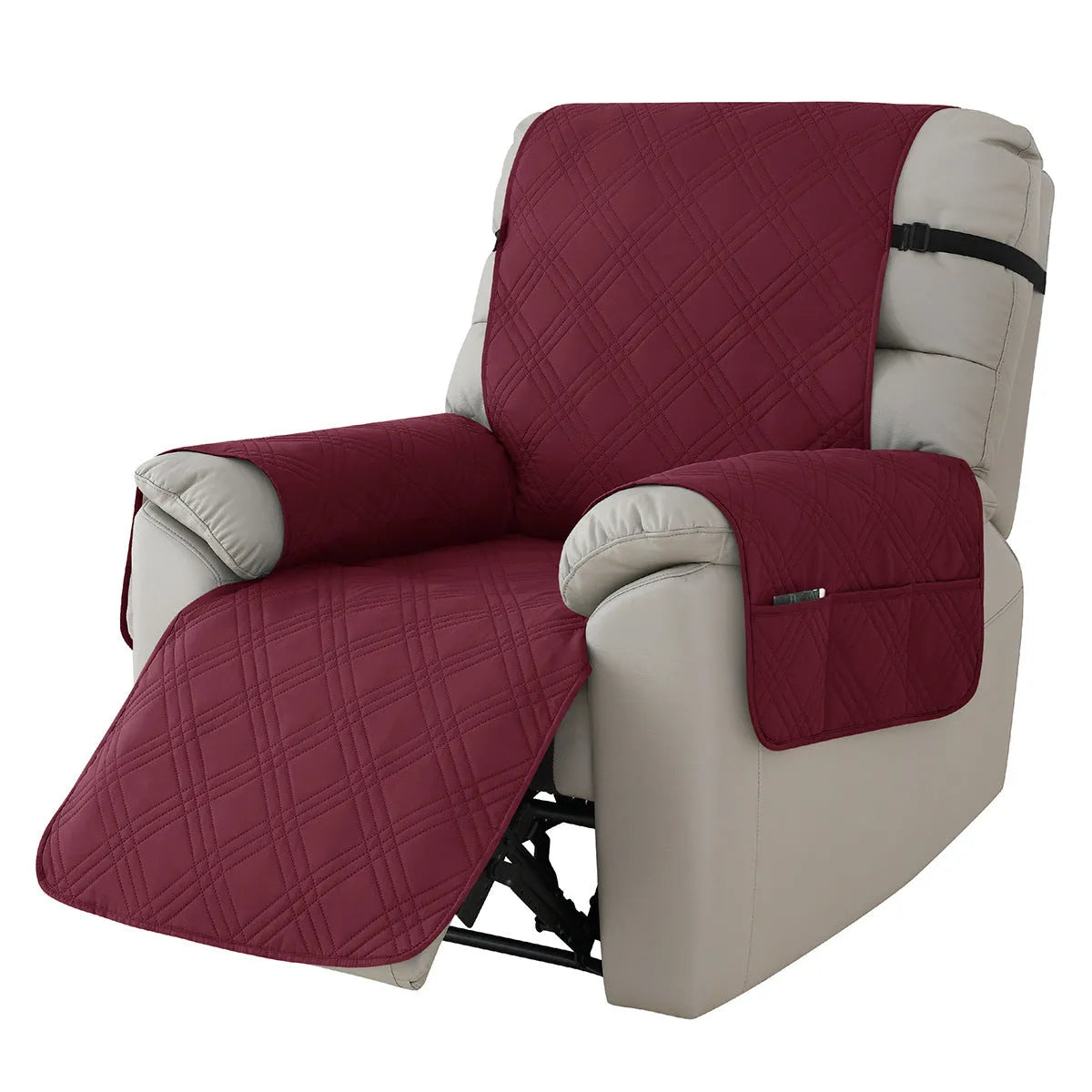 Quilted three-line sofa cover for a Chivas massage chair in peacock blue, showing stretch fit and textured pattern.