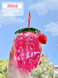 500ml kawaii strawberry-shaped water bottle with straw and pendant on white background