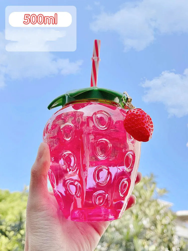 500ml kawaii strawberry-shaped water bottle with straw and pendant on white background
