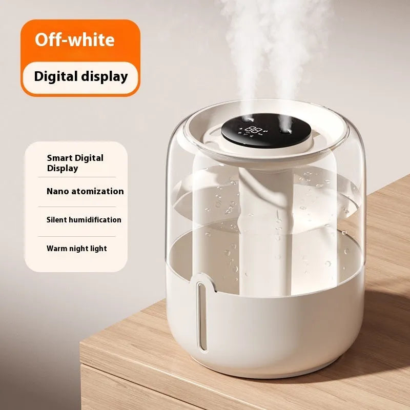 Beige round large capacity USB humidifier with dual spray nozzles and display.