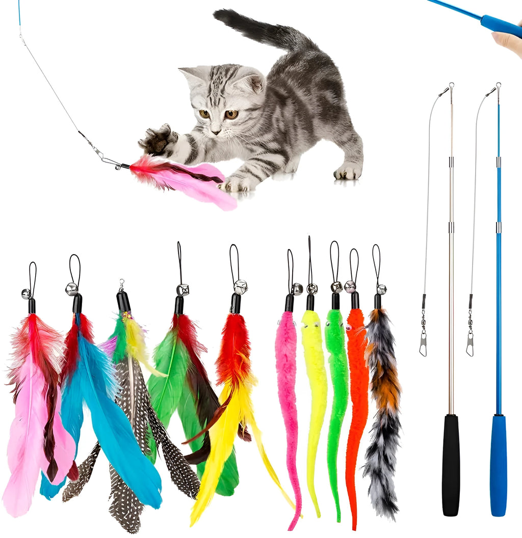 Cat toy fishing rod set with feather attachments and ten replacement heads