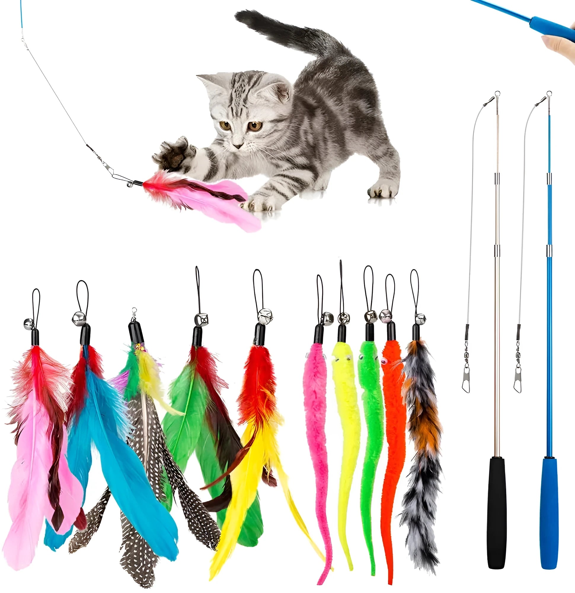 Cat toy fishing rod set with feather attachments and ten replacement heads