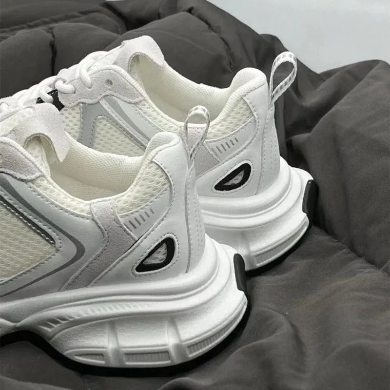 Beige mesh platform sports shoes with wedge heel and lace-up front closure