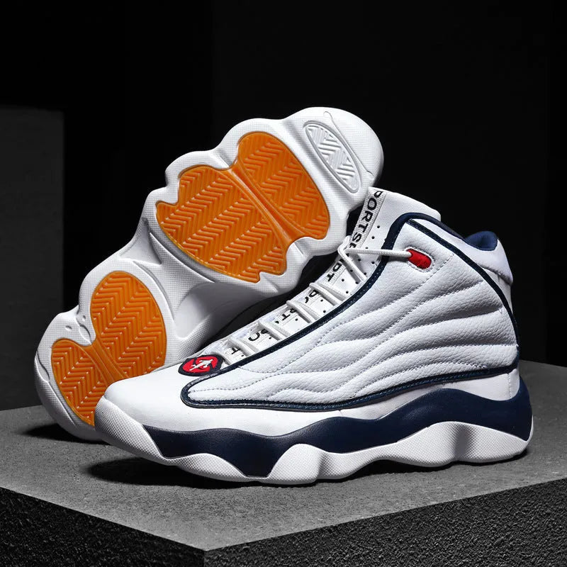 Men's high-top basketball sneakers in AJ13 colour options with mesh upper and rubber sole.