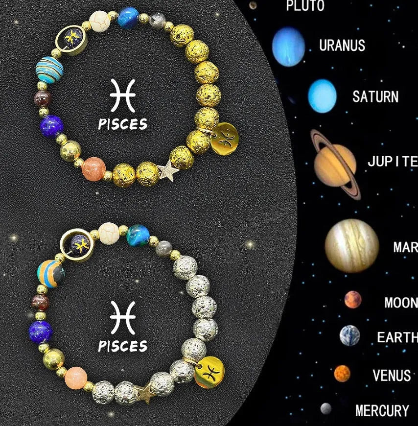 Set of twelve natural stone beaded bracelets, each representing a different zodiac sign.