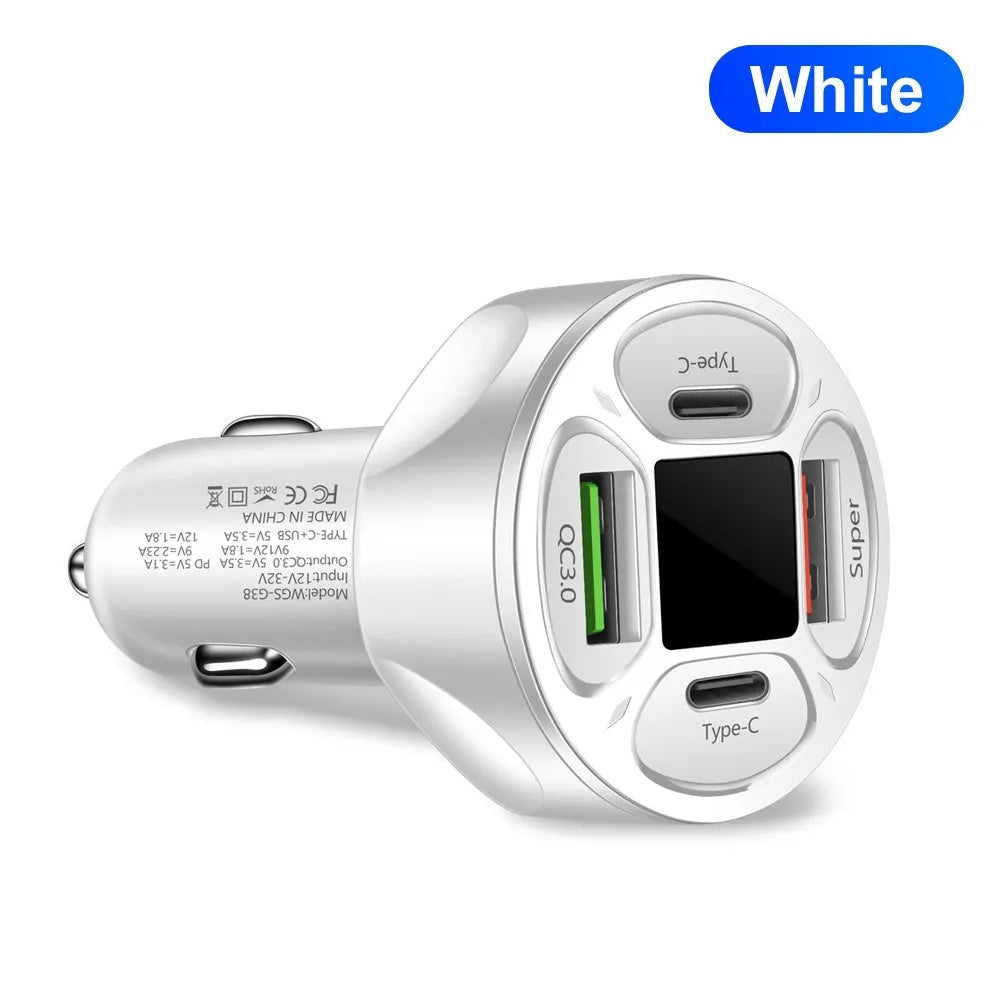66W digital display car charger with two USB and two Type-C ports showing compact black design