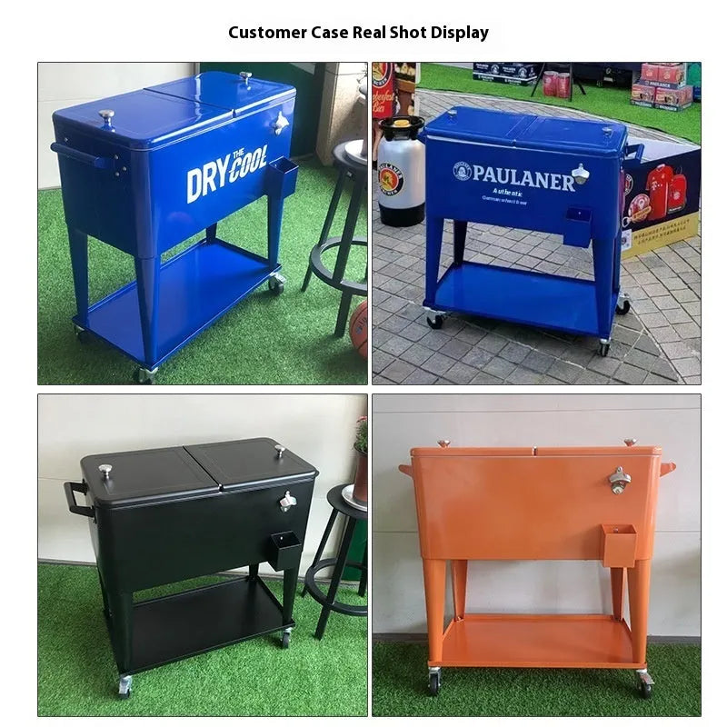 Red outdoor metal insulated trolley cooler with wheels and a 750ml capacity.