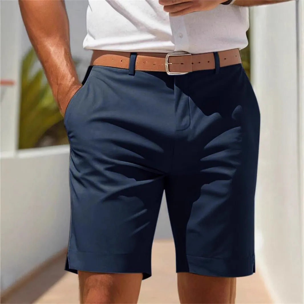Men's straight cut business shorts in polyester fabric showing light grey colour option