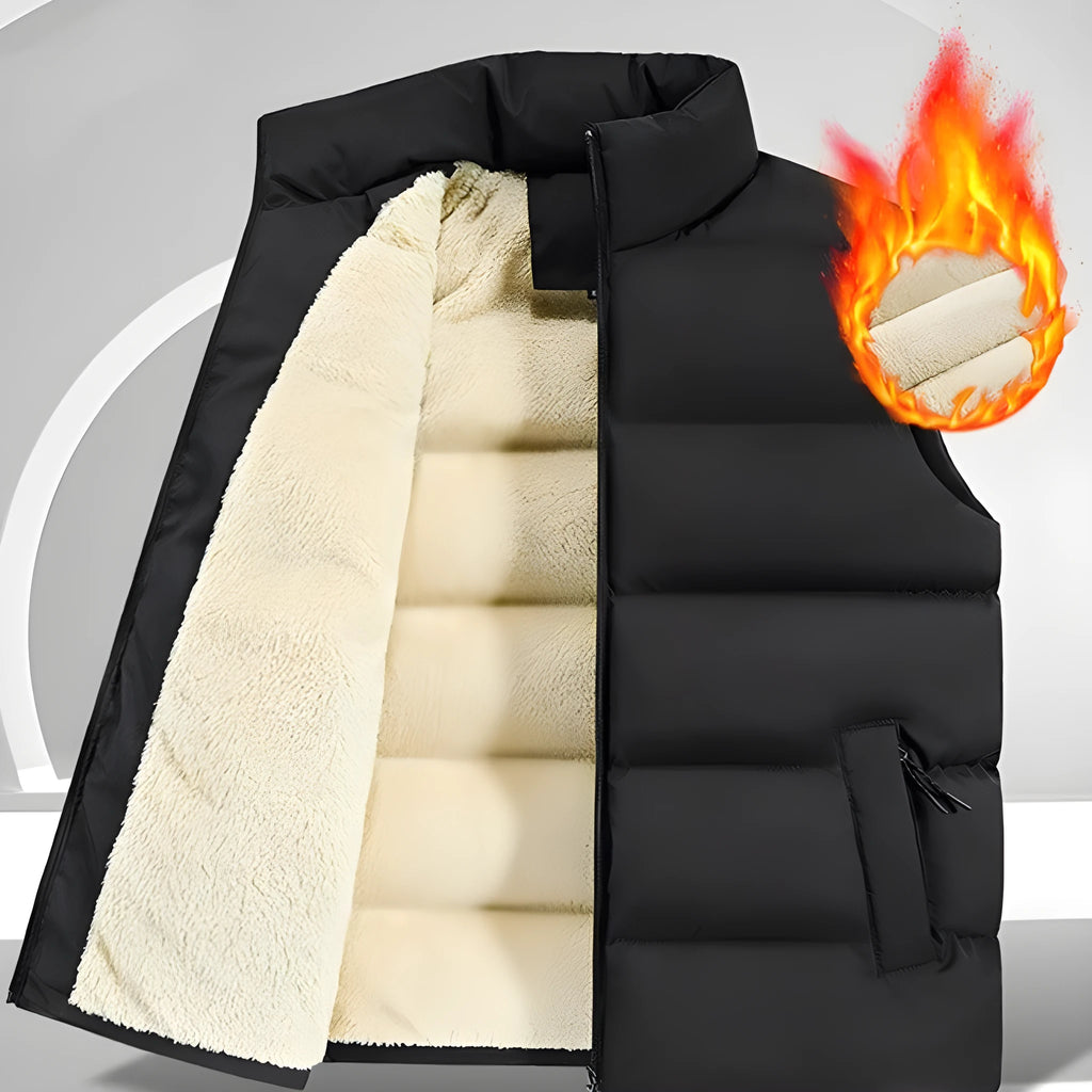 Men's striped lambswool vest in black, dark blue, or red, shown as a fleece-lined waistcoat for autumn and winter wear.