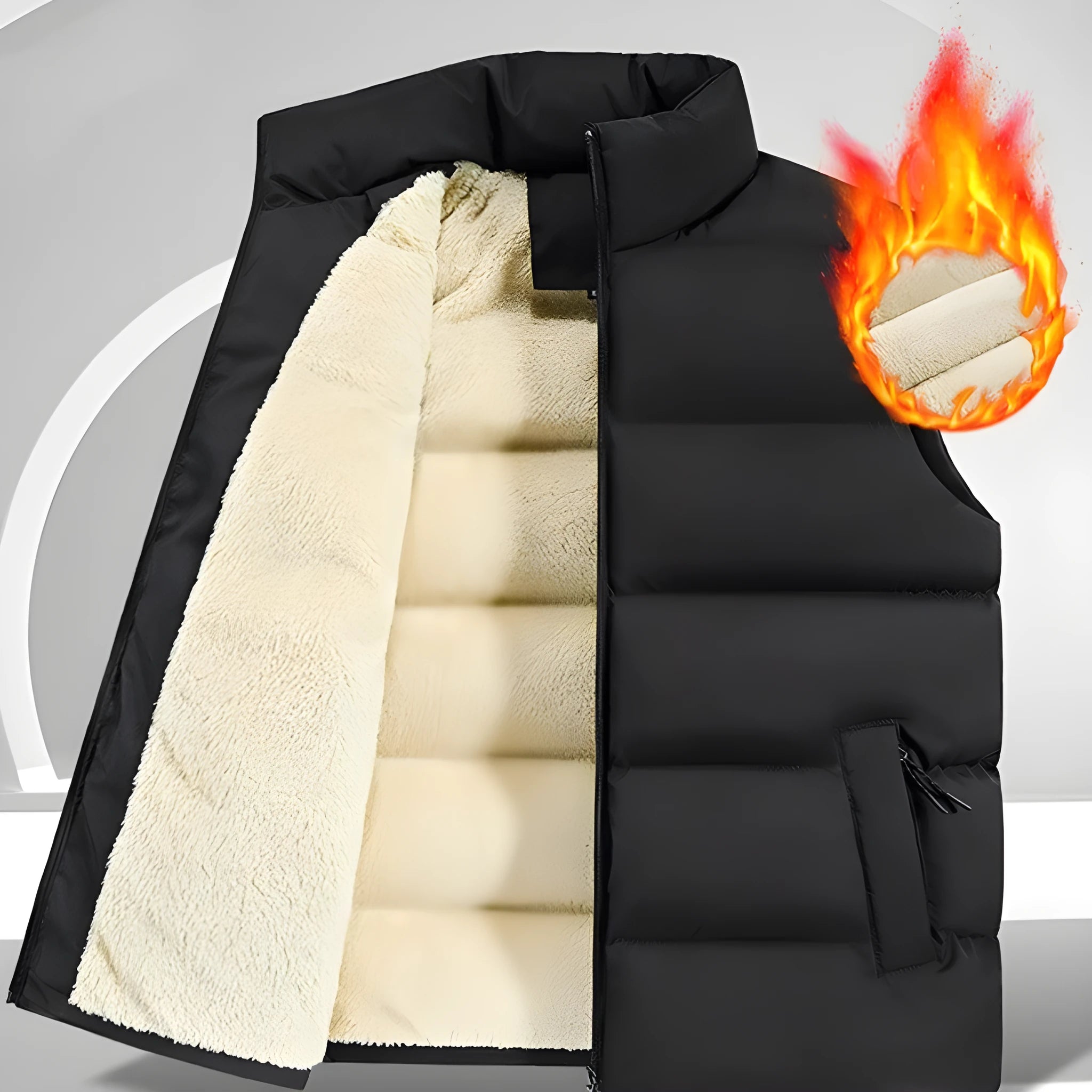 Men's striped lambswool vest in black, dark blue, or red, shown as a fleece-lined waistcoat for autumn and winter wear.