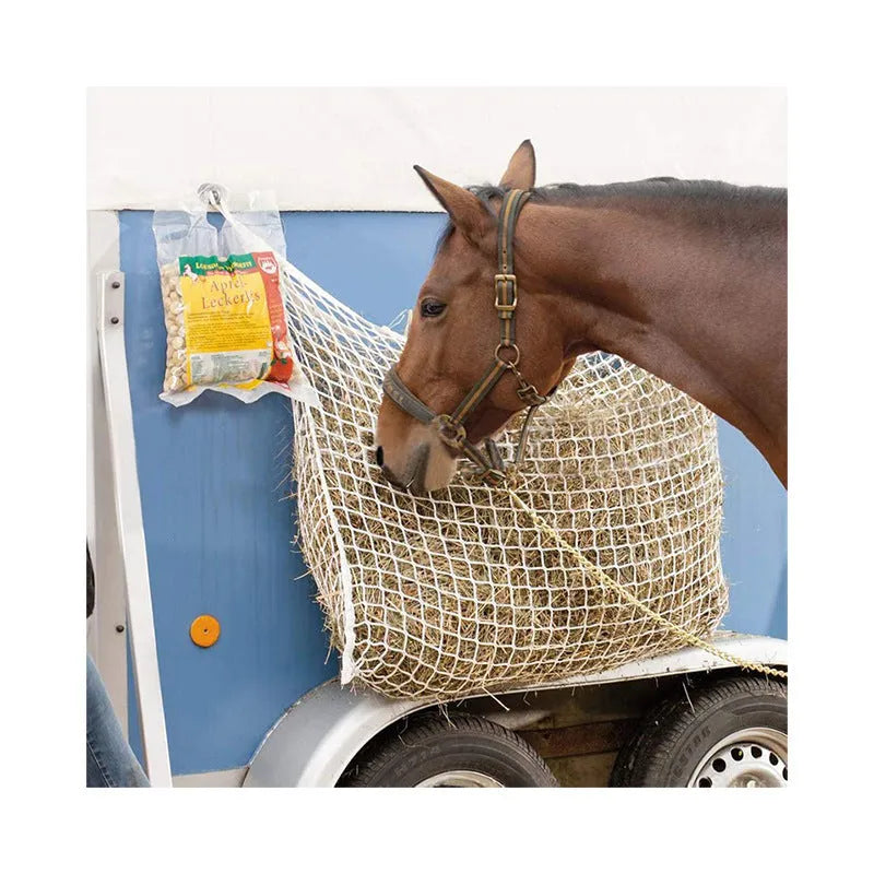 Black woven PE rope hanging feeding bag for horses with grid design