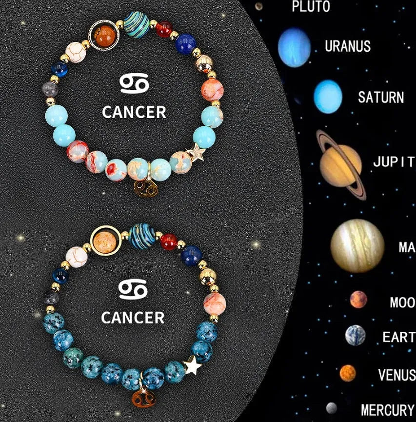 Two natural stone beaded bracelets with adjustable cords, presented as a zodiac sign bracelet set.