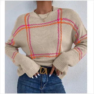 Women's loose fit plaid colour-block acrylic pullover sweater with striped pattern.