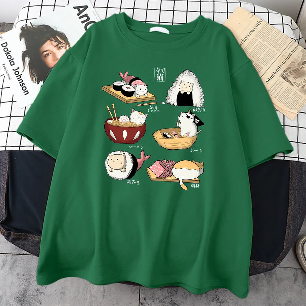 Men's black cotton t-shirt with sushi cartoon cat print design, short sleeves, loose fit