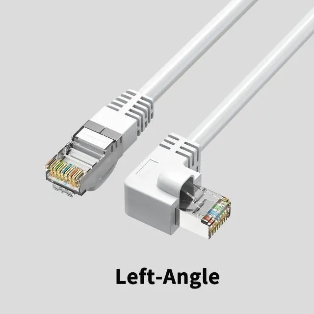 Right-angle Cat6 Ethernet cable with metal RJ45 connectors in various colours and lengths