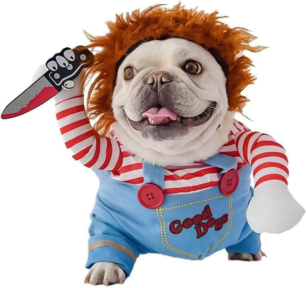 Striped Halloween harness pants costume for a dog or cat with a knife prop, showing the 3-piece set.