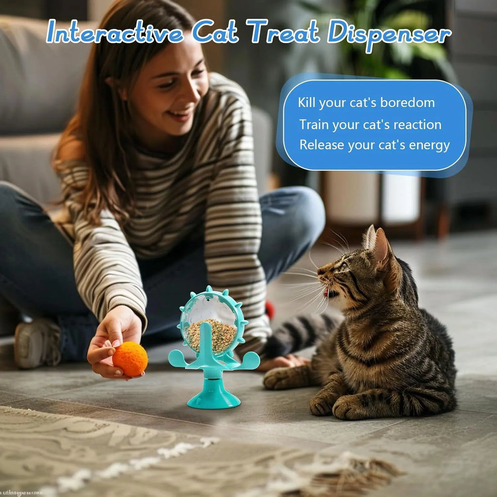 Interactive pet puzzle feeder with colourful spinner and suction cup base for cats and small dogs
