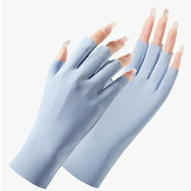 Women's thin ice silk sun gloves in various colours showing UPF50+ protection for driving and cycling.