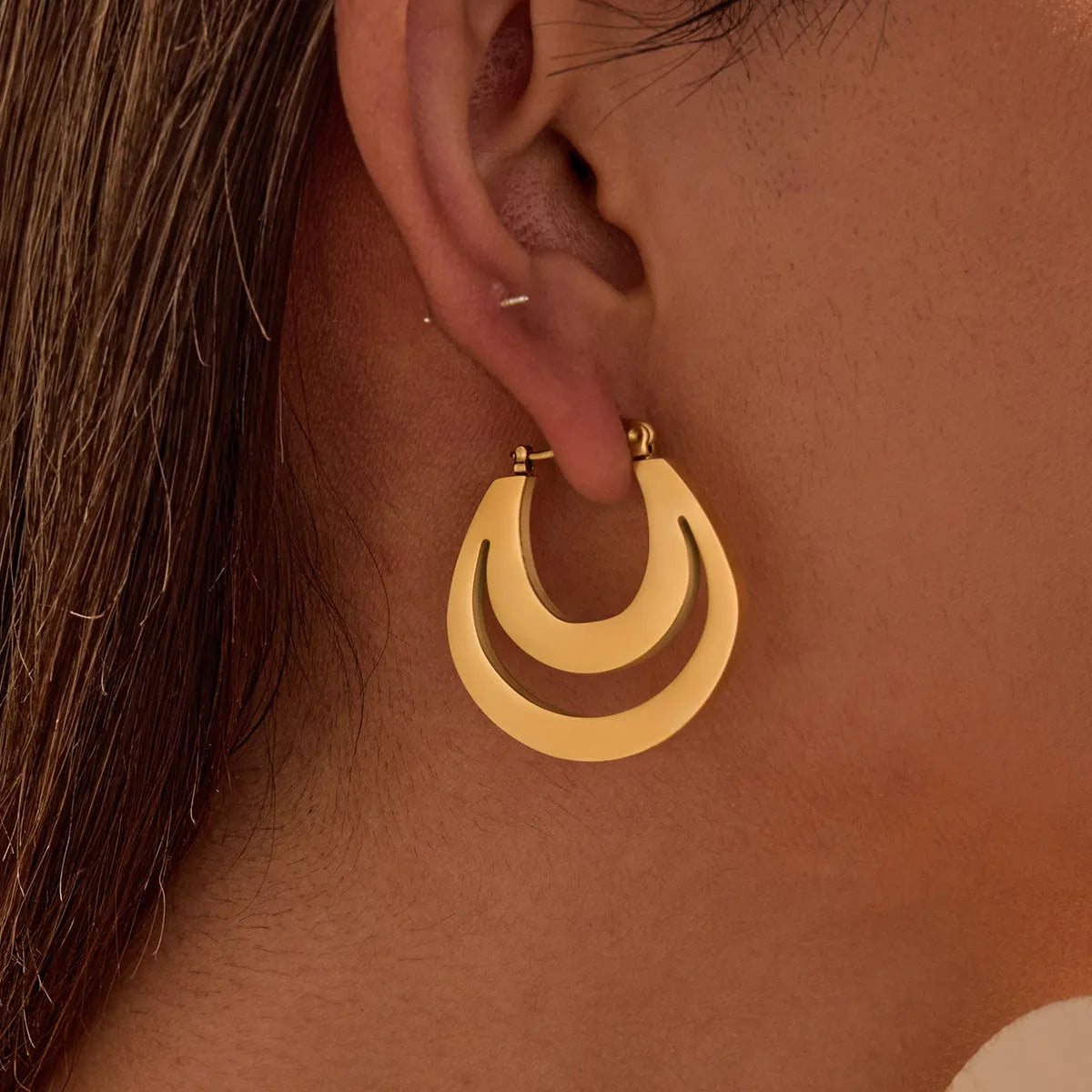 Geometric minimalist French earrings with 18K gold plating and round ring elements