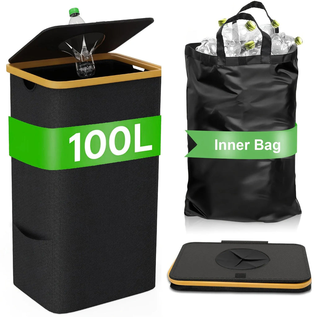 Black bamboo-framed storage basket with a removable lid and two white inner pockets, made from Oxford cloth.