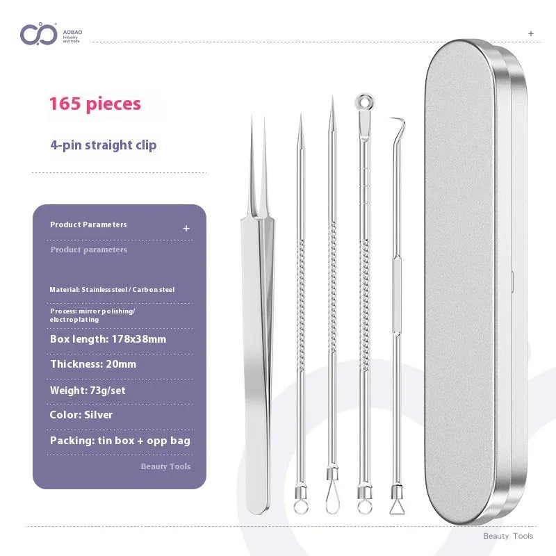 Set of four silver metal acne needles with pointed tips on a white background.