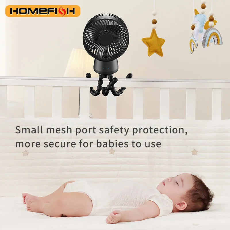 HOMEFISH F2 automatic shake head handheld fan with LED light and removable bracket on a table.