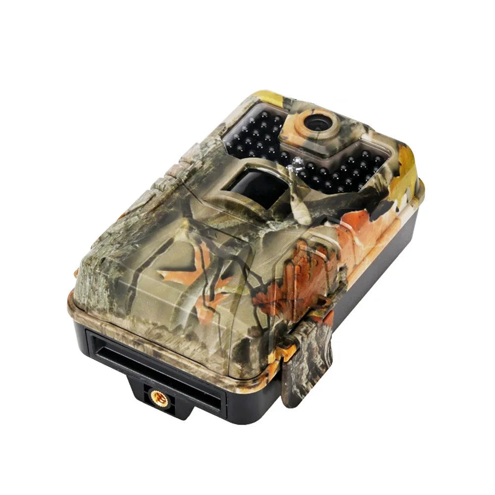 Compact camouflage outdoor hunting camera with infrared LEDs for night vision and Bluetooth connectivity.