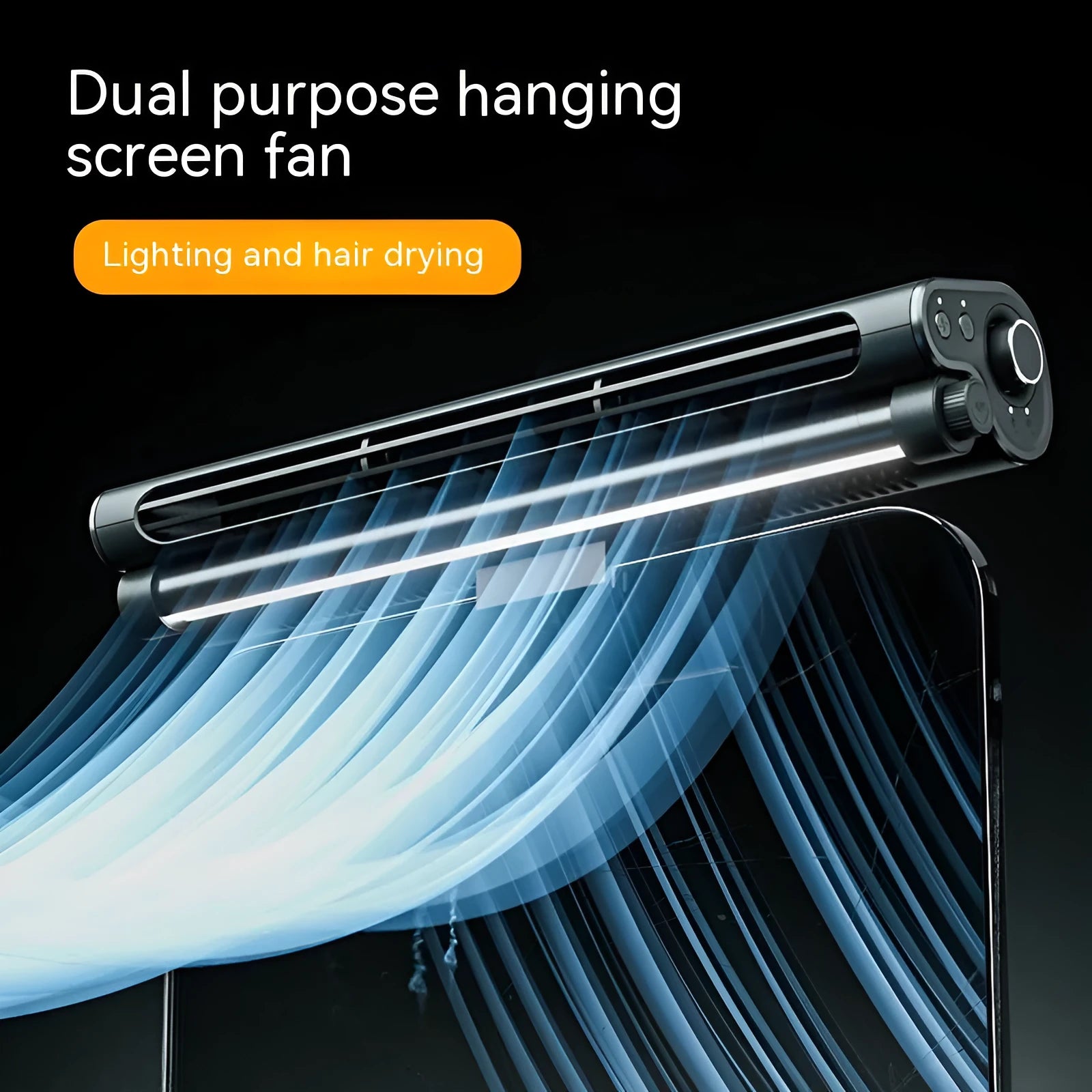 Black bladeless USB fan clipped to laptop screen with integrated lighting lamp showing brushless motor design
